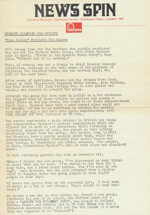 Spencer Davis Group - Time Seller - 1967 [UK] - Press Release