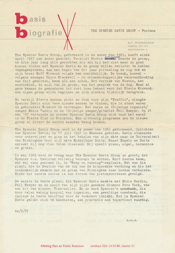 Spencer Davis Group - Basis Biografie - September 1967 [Holland] - Press Release