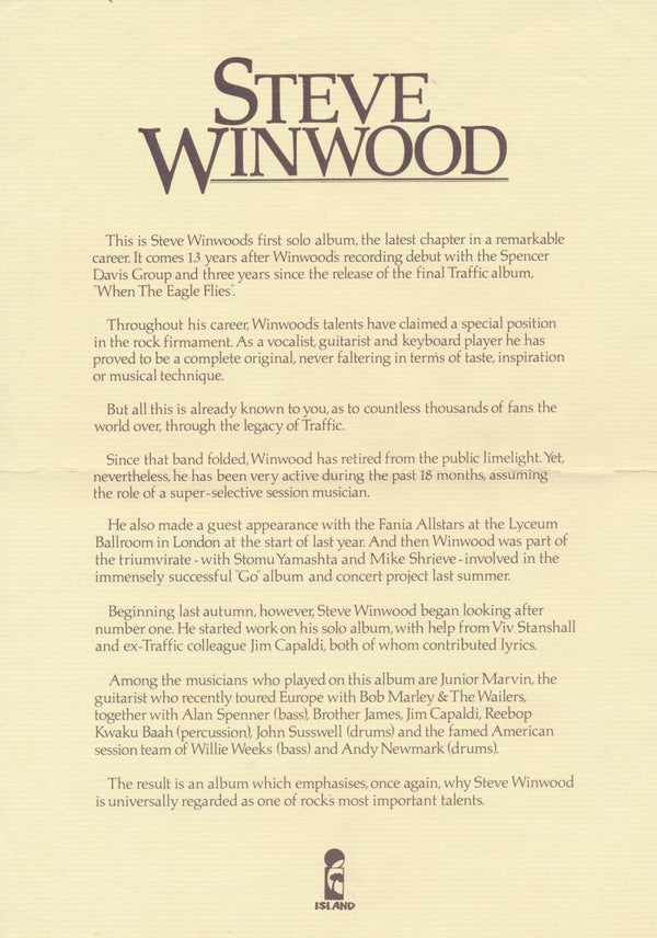 Steve Winwood - 1977 [UK] - Press Release