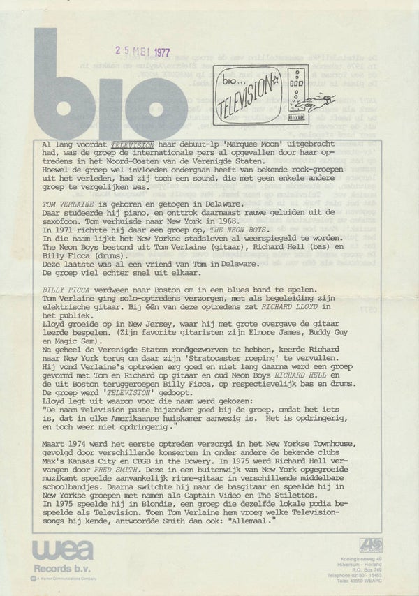 Television - Bio - May 25, 1977 [Holland] - Press Release