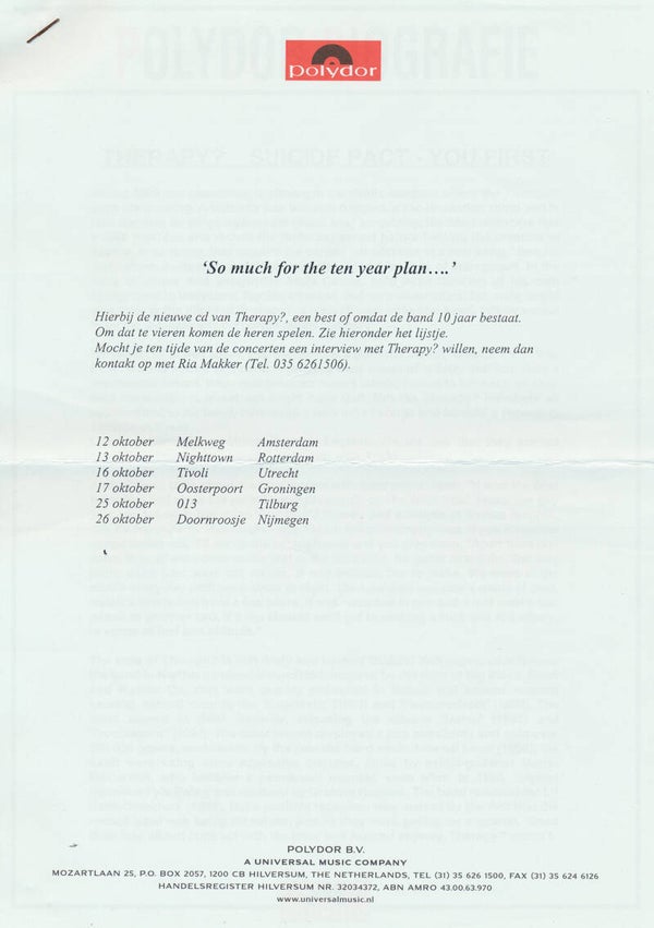 Therapy? - So Much For The Ten Year Plan - September 1999 [Holland] - Press Release