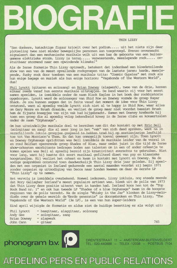 Thin Lizzy - Biografie - May 1974 [Holland] - Press Release