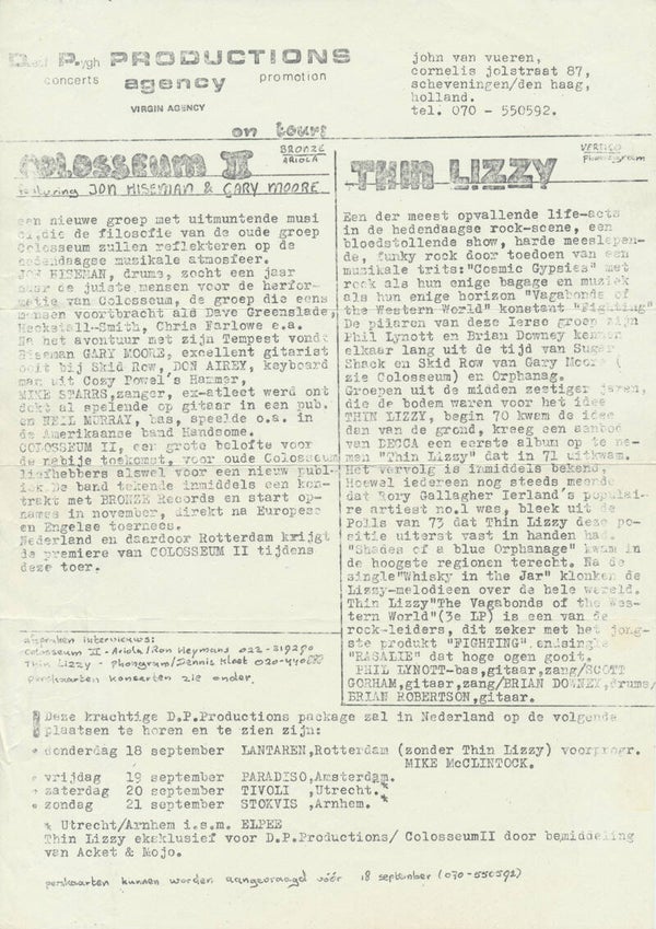 Thin Lizzy - Colosseum II - Holland Tour - 1975 [Holland] - Press Release