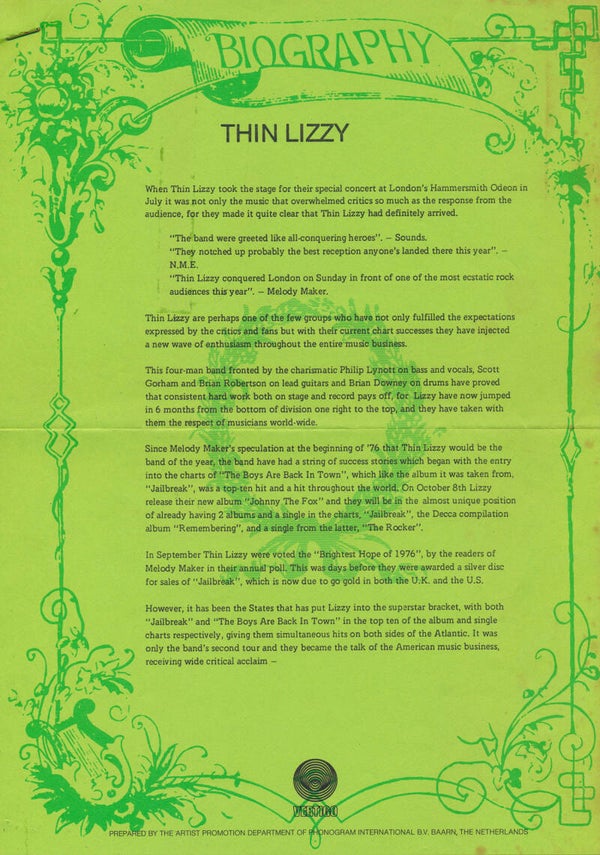 Thin Lizzy - Biography - 1976 [Holland] - Press Release