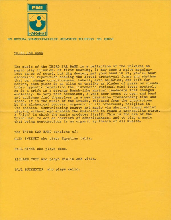 Third Ear Band - Harvest - 1969 [Holland] - Press Release
