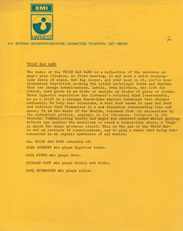 Third Ear Band - Harvest - 1970 [Holland] - Press Release