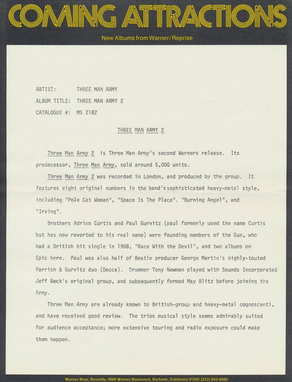 Three Man Army - Two - 1974 [USA] - Press Release