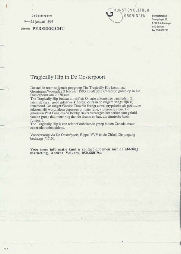 Tragically Hip - Oosterpoort, Groningen - February 3, 1993 [Holland] - Press Release