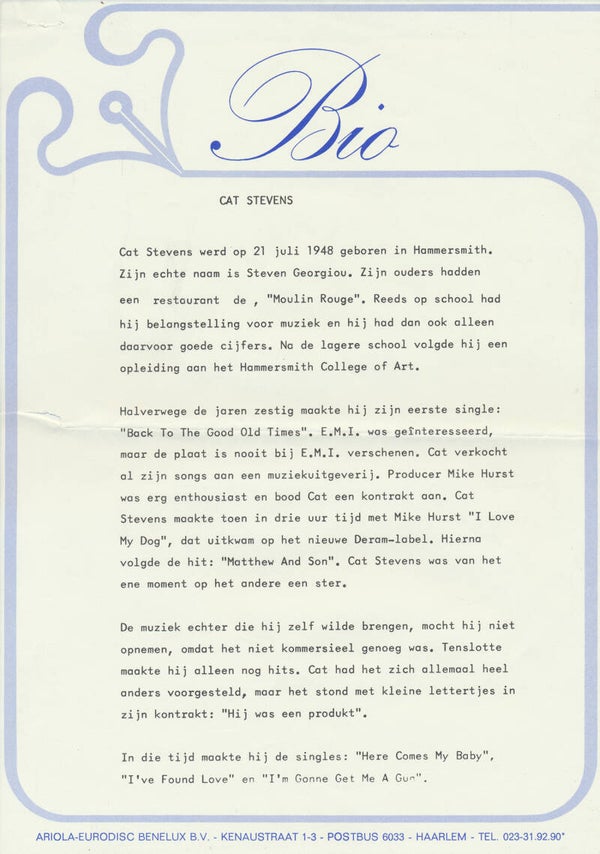 Cat Stevens - Bio - May 1976 [Holland] - Press Release
