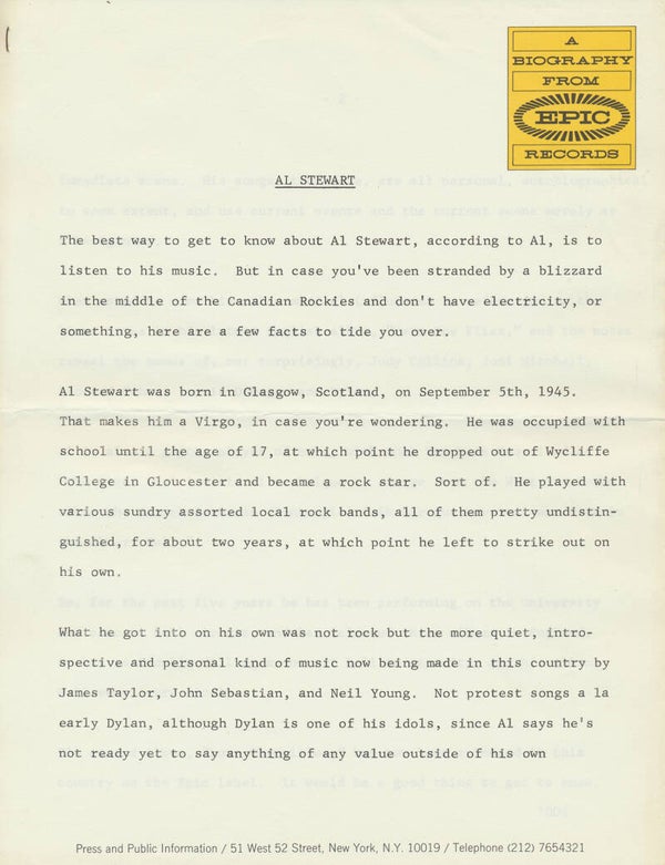 Al Stewart - Biography - June 1970 [USA] - Press Release