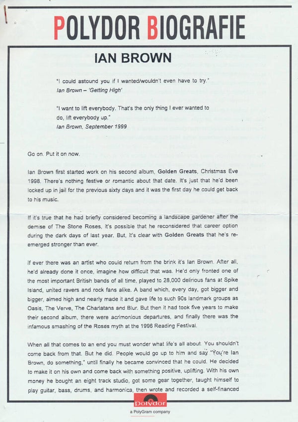 Ian Brown - Golden Greats - December 1999 [Holland] - Press Release