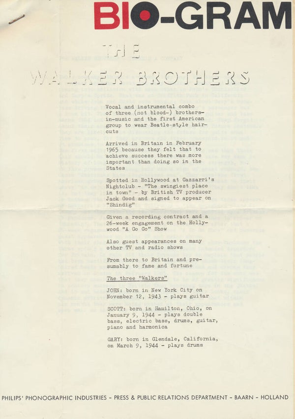 The Walker Brothers - Bio-Gram - August 1965 [Holland] - Press Release