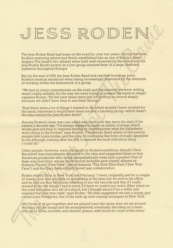 Jess Roden - The Player Not The Game - August 1977 [UK] - Press Release