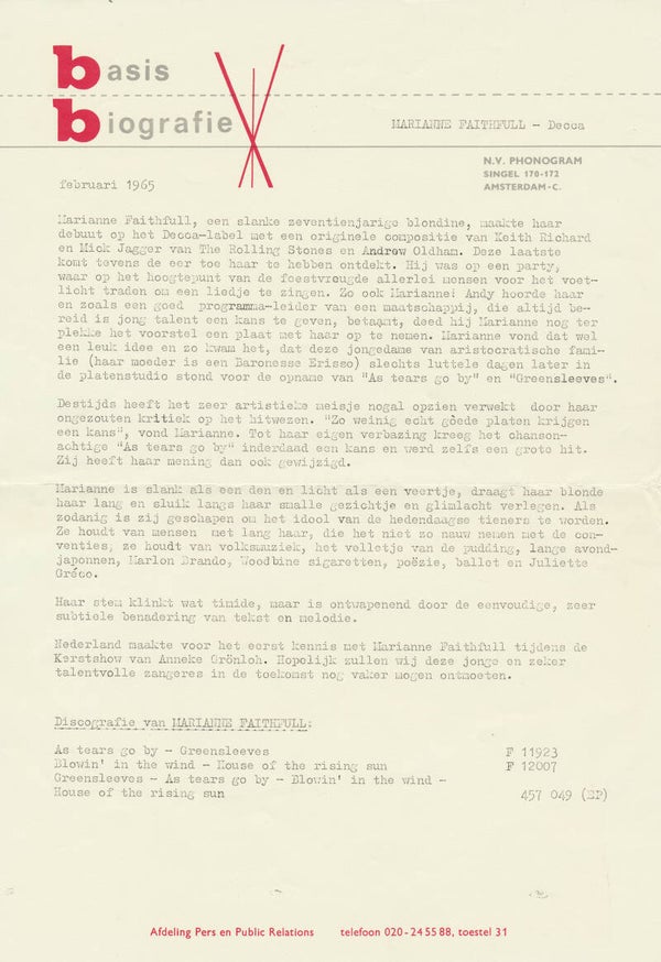 Marianne Faithfull - Basis Biografie - February 1965 [Holland] - Press Release