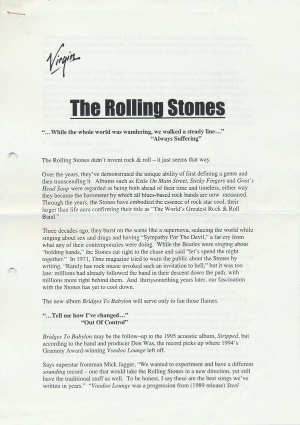 The Rolling Stones - Bridges To Babylon - 1995 [Holland] - Press Release