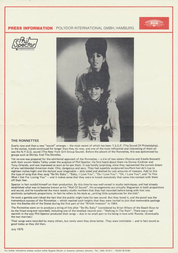 The Ronnettes - Phil Spector - July 1975 [Germany] - Press Release