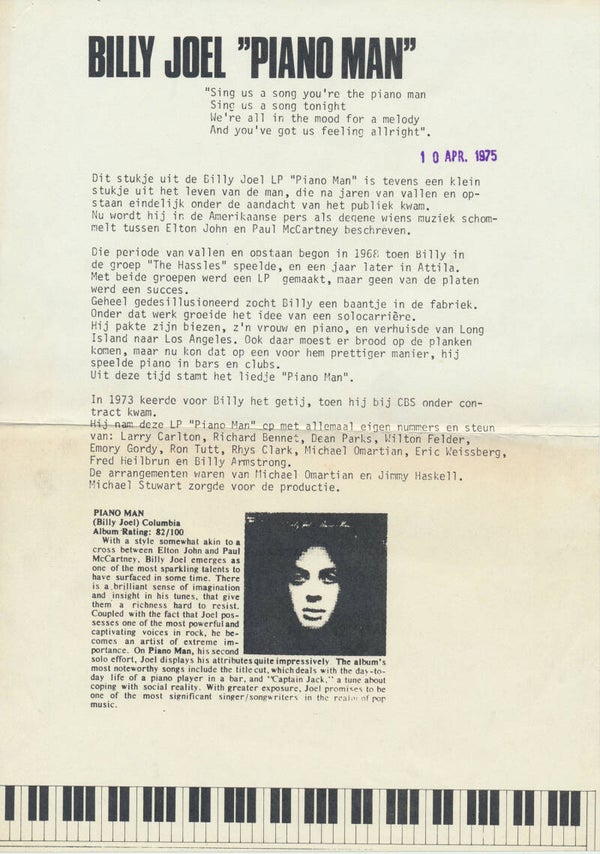 Billy Joel - Piano Man - April 10, 1975 [Holland] - Press Release