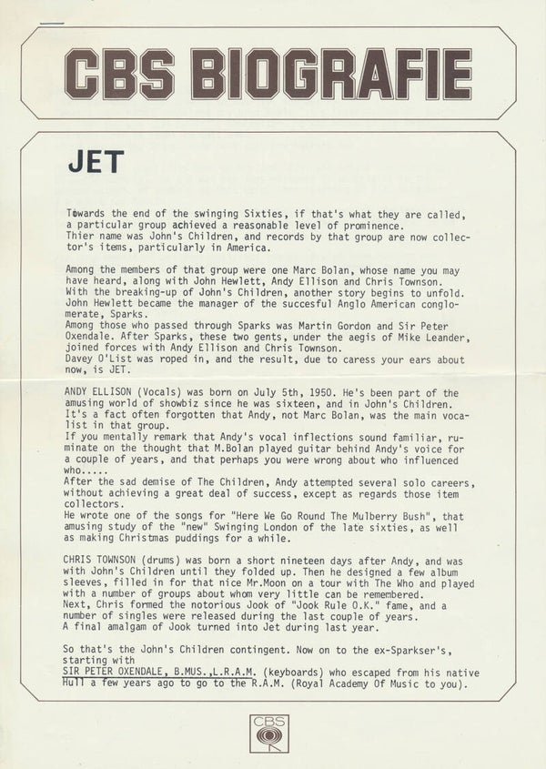 Jet - CBS Biografie - 1970s [Holland] - Press Release