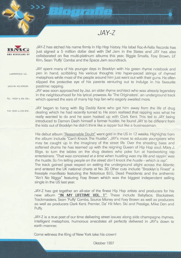 Jay-Z - Biografie - October 1997 [Holland] - Press Release