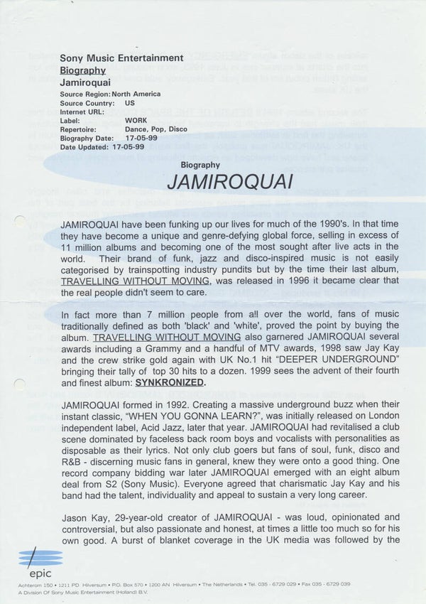 Jamiroquai - Biography - May 17, 1999 [Holland] - Press Release