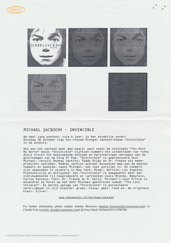 Michael Jackson - Invincible - 2001 [Holland] - Press Release