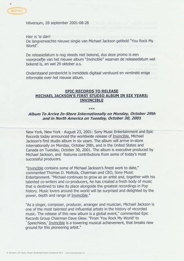 Michael Jackson - You Rock My World - August 28, 2001 [Holland] - Press Release