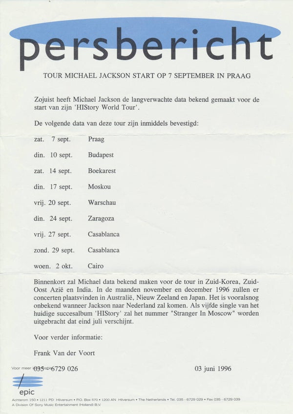Michael Jackson - Persbericht - June 3, 1996 [Holland] - Press Release