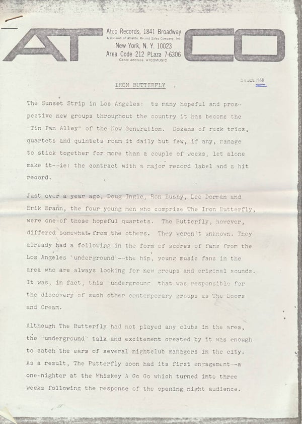 Iron Butterfly - July 31, 1968 [USA/Holland] - Press Release