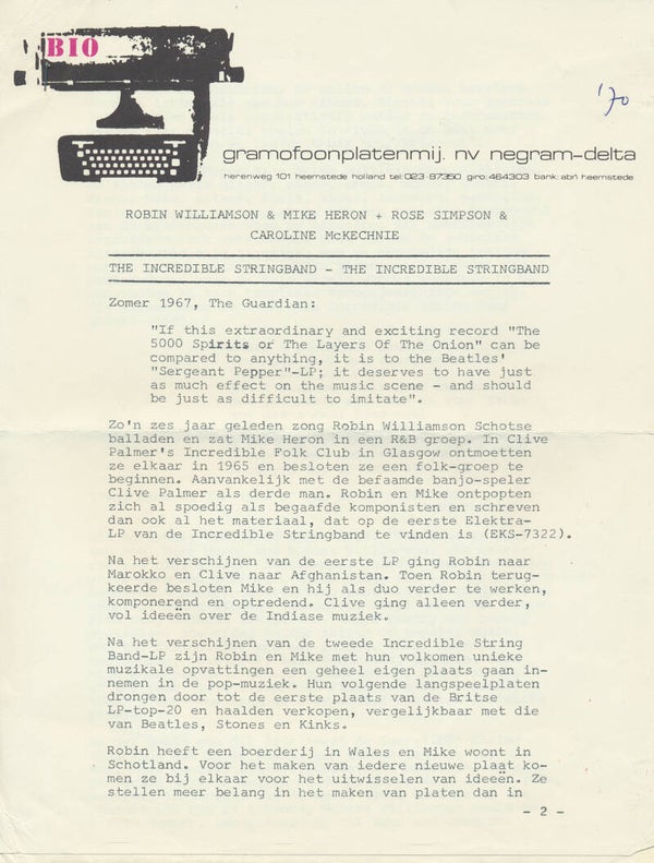 The Incredible String Band - 1970 [Holland] - Press Release