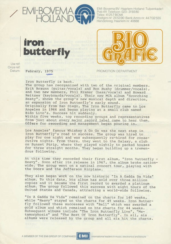 Iron Butterfly - Biografie - February 1975 [Holland] - Press Release