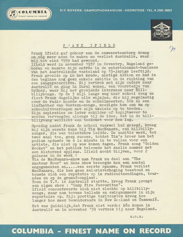 Frank Ifield - 1960s [Holland] - Press Release