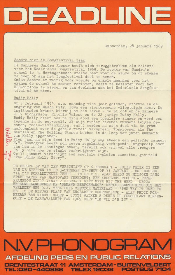 Deadline - January 28, 1969 [Holland] - Press Release
