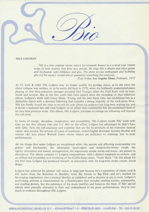 Nils Lofgren - Bio - 1975 [Holland] - Press Release