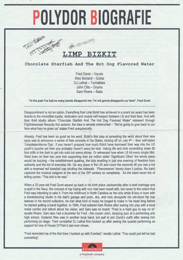 Limp Bizkit - Chocolate Starfish - June 2000 [Holland] - Press Release
