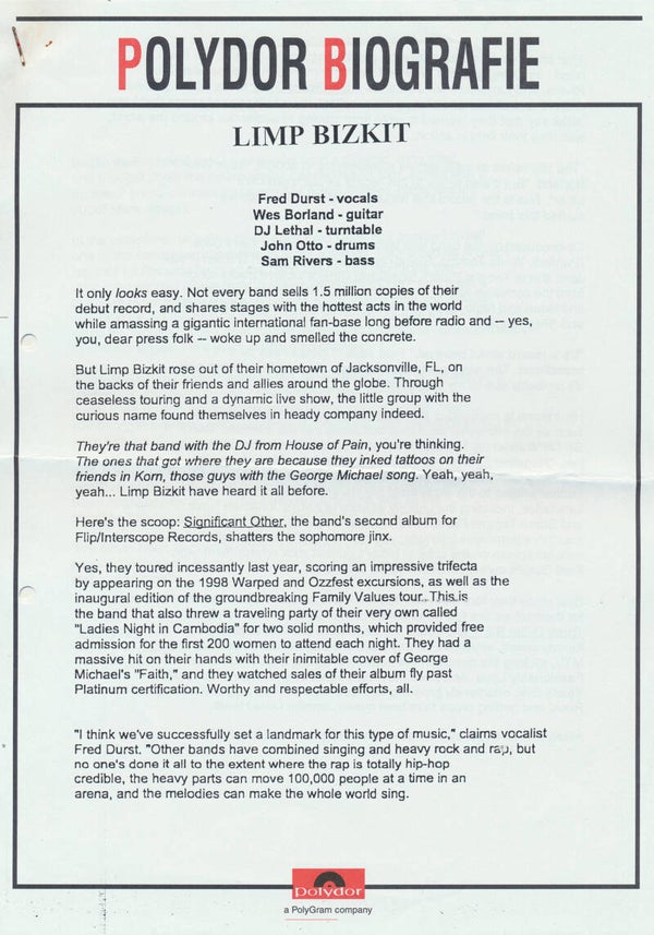 Limp Bizkit - Polydor Biografie - June 1999 [Holland] - Press Release