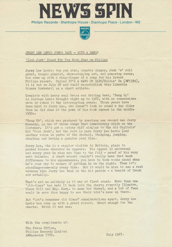 Jerry Lee Lewis - It's A Hang Up Baby - July 1967 [UK] - Press Release