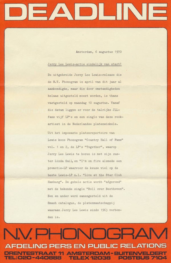 Jerry Lee Lewis - August 6, 1970 [Holland] - Press Release