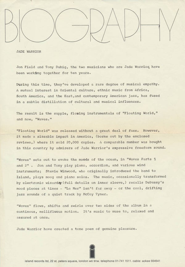 Jade Warrior - Waves - 1975 [UK] - Press Release