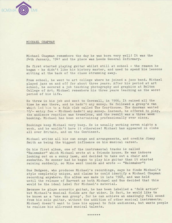 Michael Chapman - 1971 [Holland] - Press Release