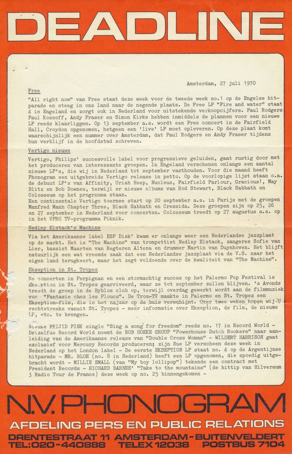 Free - Vertigo - Deadline - July 27, 1970 [Holland] - Press Release
