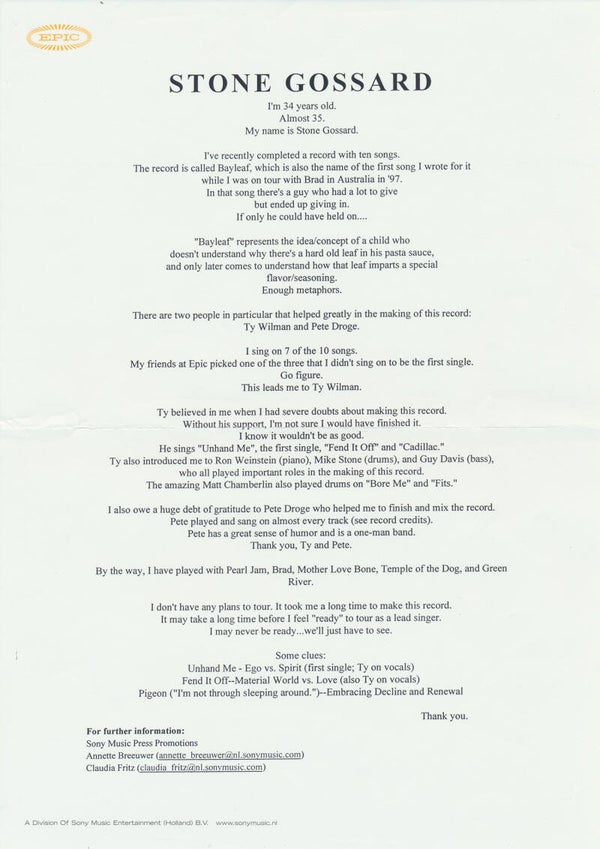 Pearl Jam - Stone Gossard - Bayleaf - 2001 [Holland] - Press Release