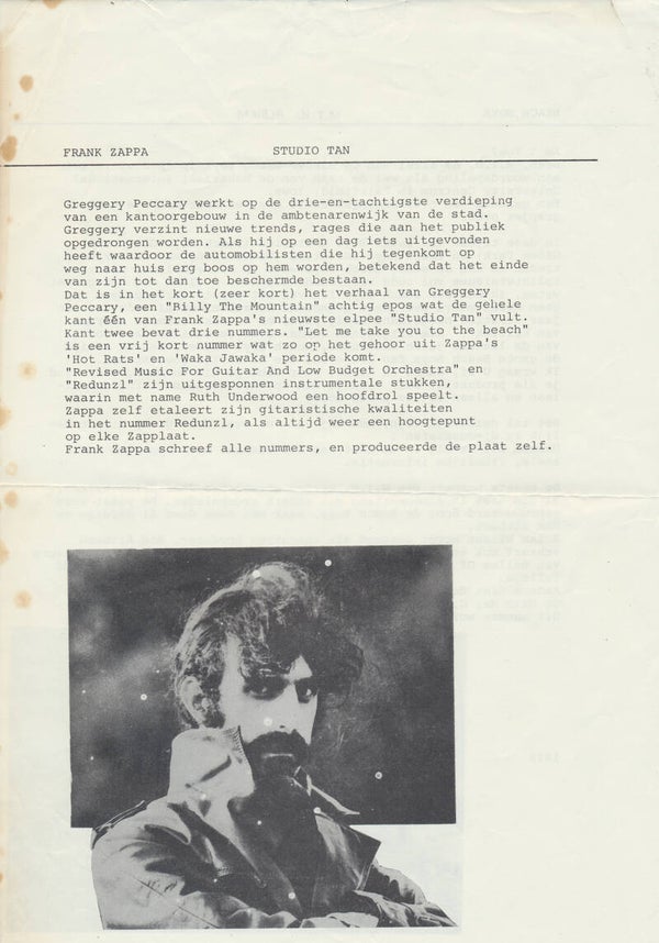 Frank Zappa - Studio Tan - Beach Boys - M.I.U. - October 1978 [Holland] - Press Release