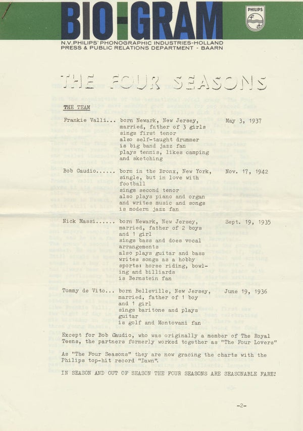 The Four Seasons - Bio-Gram - February 1964 [Holland] - Press Release