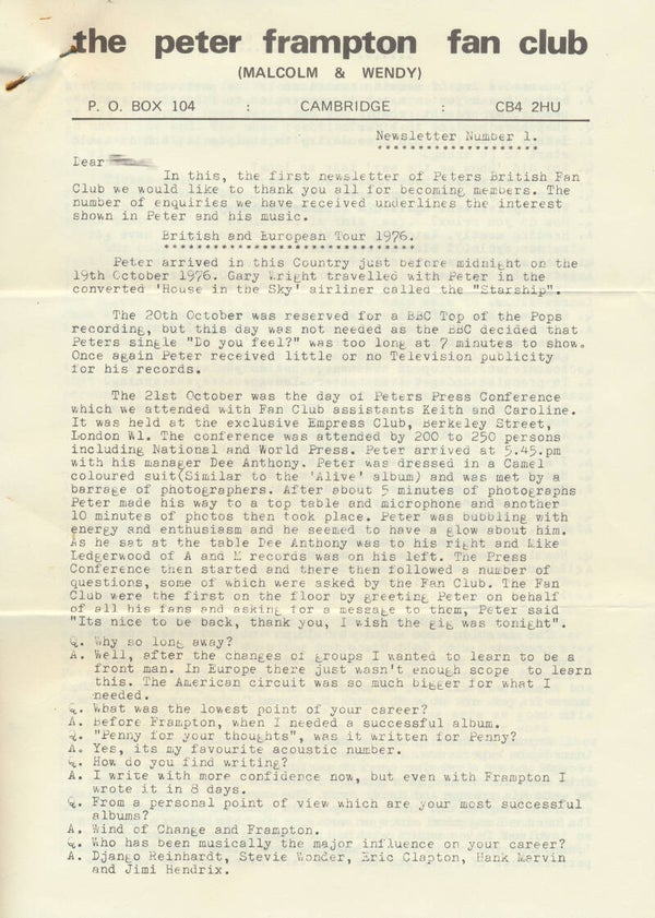 Peter Frampton - Fan Club - Newsletter Number 1- 1976 [UK] - Fanzine