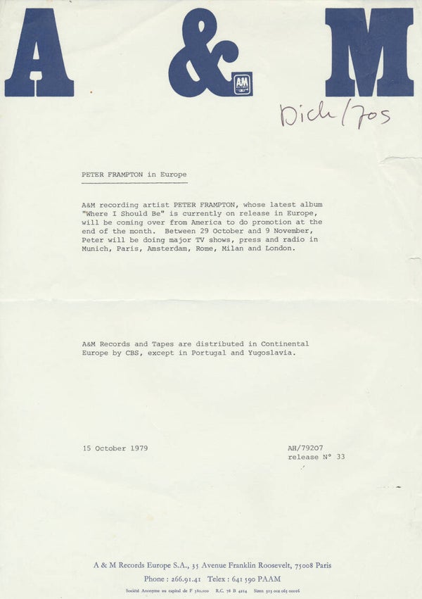 Peter Frampton - In Europe - October 15, 1979 [France] - Press Release
