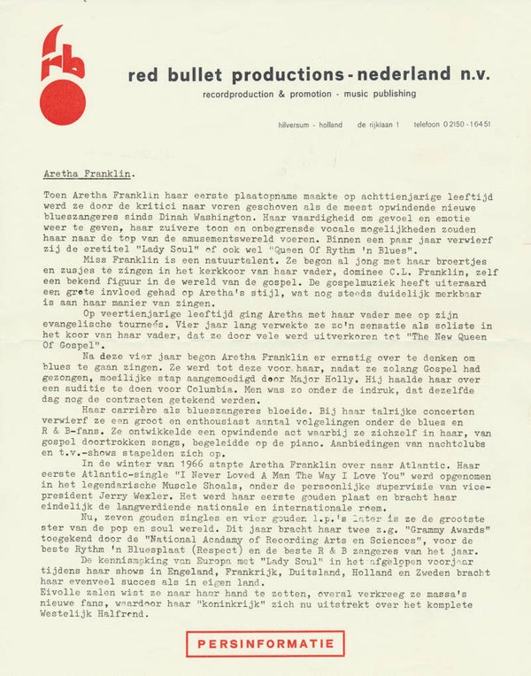 Aretha Franklin - 1960s [Holland] - Press Release