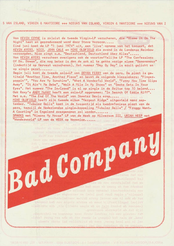 Bad Company - Nico - Mike Oldfield - Kevin Ayers - 1974 [Holland] - Press Release