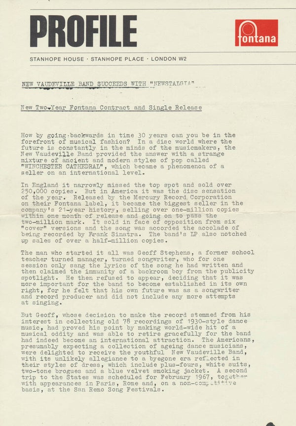 New Vaudeville Band - Winchester Cathedral - 1966 [UK] - Press Release