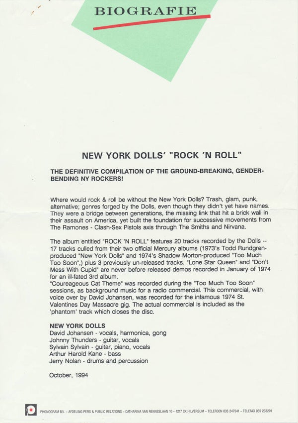 New York Dolls - Rock 'n Roll - October 1994 [Holland] - Press Release