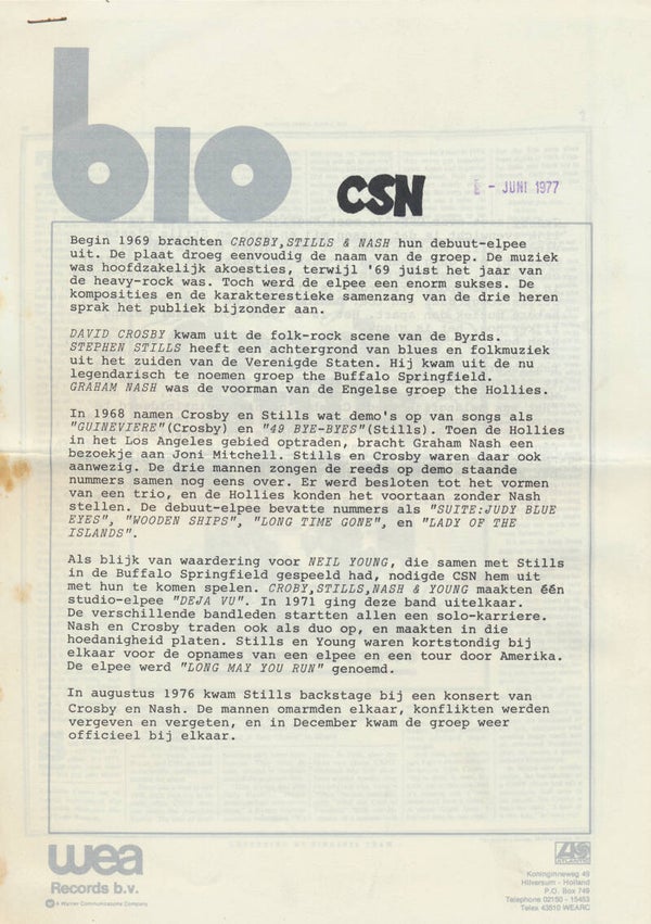 Crosby, Stills & Nash - CSN -  June 1977 [Holland] - Press Release
